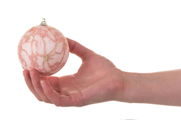 Красивая Рождественская Игрушка Руке Крупным Планом Изолированные Белом Фоне — стоковое фото