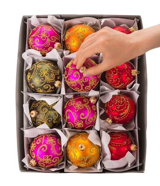 Mano Una Mujer Saca Caja Juguetes Brillantes Coloridos Año Nuevo — Foto de Stock