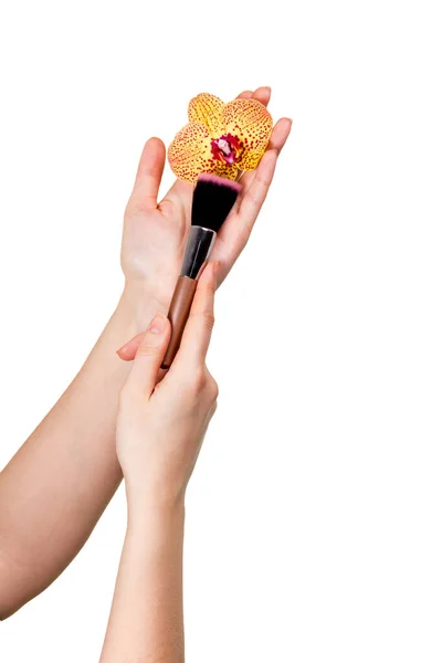 化粧用の化粧ブラシを持つ女性の手が閉じ込めメイク — ストック写真
