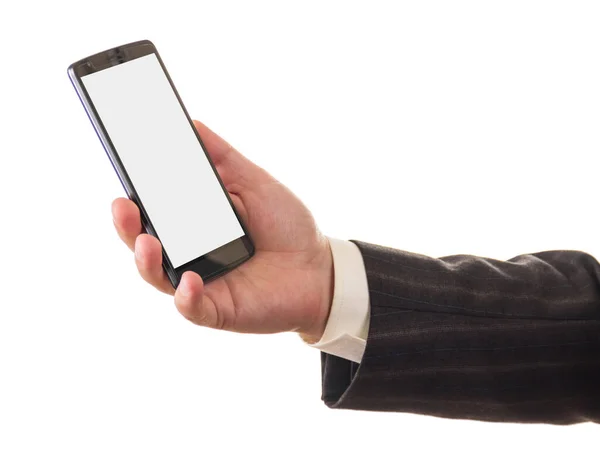 Телефон в руке человека изолирован на белом — стоковое фото