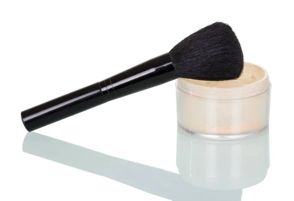 Brush and jar with a tone for make-up isolated on a white — Stock Photo, Image