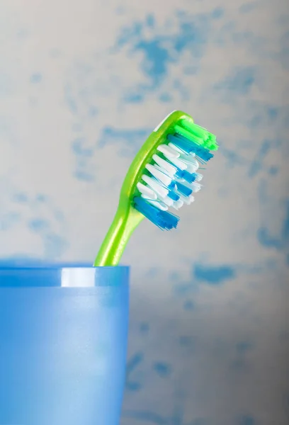 Manual Toothbrush Green Color Glass Close — Stock Photo, Image