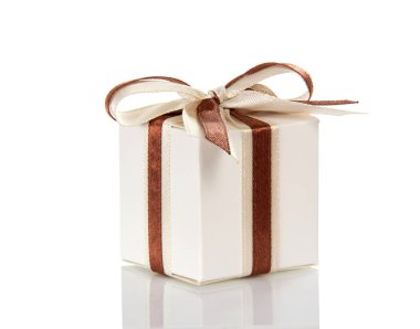 Box with gift, decorated with bow, isolated on white