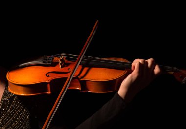 Hand of musician playing the violin isolated on black