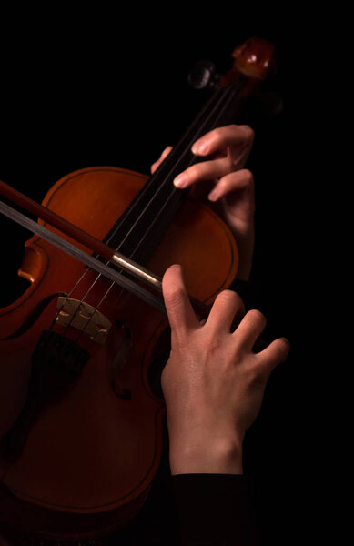 Hands of musician playing the violin isolated on black