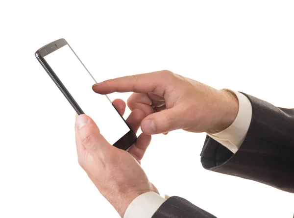 Κινητό τηλέφωνο στο χέρι άνδρες απομονώνονται σε λευκό — Φωτογραφία Αρχείου