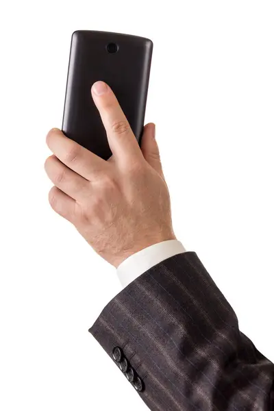 Μοντέρνο κινητό τηλέφωνο στο χέρι του ανθρώπου, απομονωμένο σε λευκό — Φωτογραφία Αρχείου