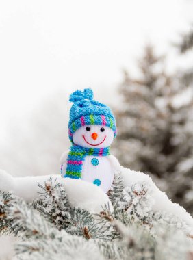 Charming little snowman on snowy pine branch