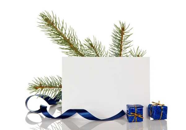 Pine sprig, gifts and blank card for greetings, isolated on white — Stok fotoğraf