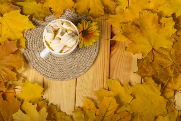 Cup of coffee with marshmallows, lots of fallen autumn leaves on table — Stok fotoğraf