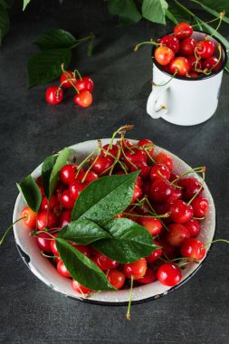 Dolu kase ve bir kupa koyu renkli kiraz.