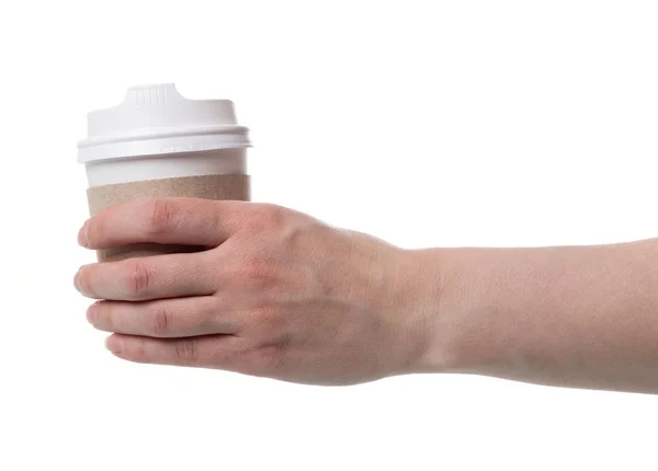 Café caliente para llevar por la mañana en mano femenina, aislado en blanco — Foto de Stock