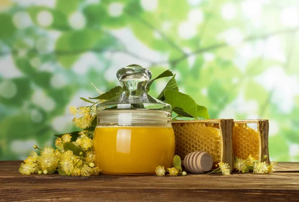 Miel en maceta con tapa, panal y cuchara sobre fondo verde —  Fotos de Stock