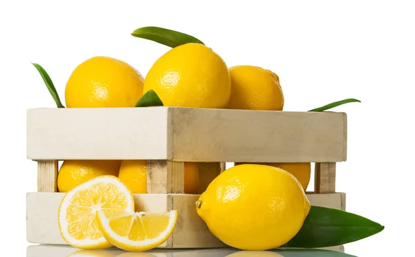 Zitronenscheiben und Schachtel Zitrusfrüchte isoliert auf weiß — Stockfoto