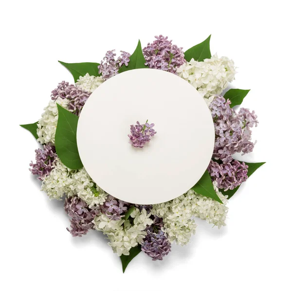 Weiße und lila Blüten sind im Kreis vereint, isoliert auf weiß — Stockfoto
