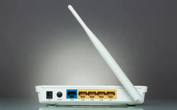 Panel aus Router-Buchsen zum Anschluss, auf grau — Stockfoto