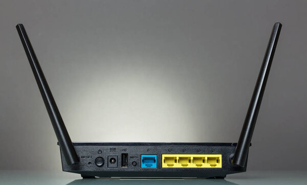 Панель маршрутизатора с разъемами для подключения на сером
