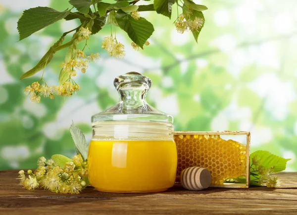Frasco de mel e favo de mel na mesa de madeira sob o ramo de Linden — Fotografia de Stock