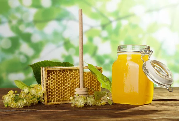 Bee products on table on light green background — Stock Photo, Image