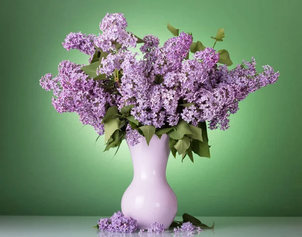 Luxurious bouquet of fragrant lilac in vase on green — Stock Photo, Image