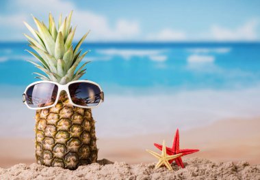 Gözlüklü komik ananas ve kumlu sahilde iki denizyıldızı.