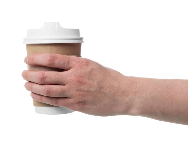 Термос Кубок для горячих напитков в женской руке изолированы на белом — стоковое фото