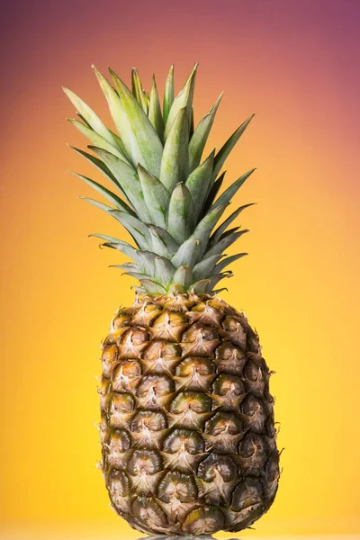 Большой спелый ананас с кожурой и стеблем на ярком фоне — стоковое фото