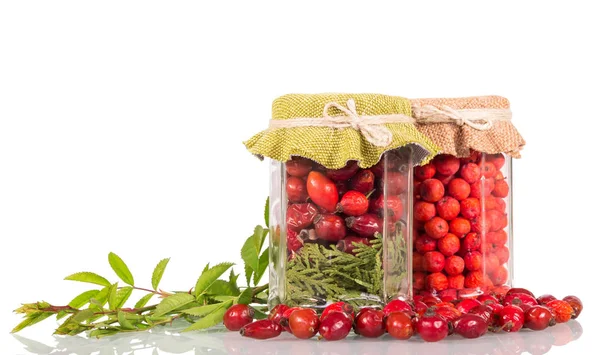 Kruik met rozenbottels en Rowan bessen, naast takje en verspreid fruit, geïsoleerd op wit — Stockfoto