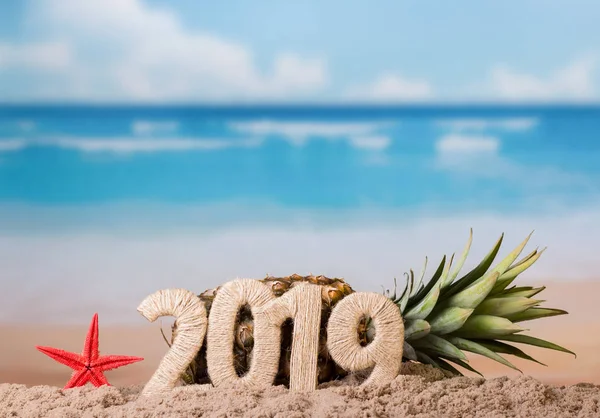 Starfish, symbol of 2019, behind it lies pineapple, on sea coast — Stok fotoğraf