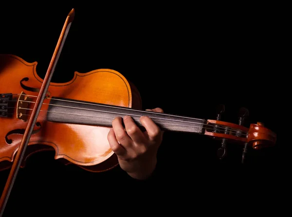Stringed musical instrument, violin in performer's hands, isolated on black — Stock Photo, Image