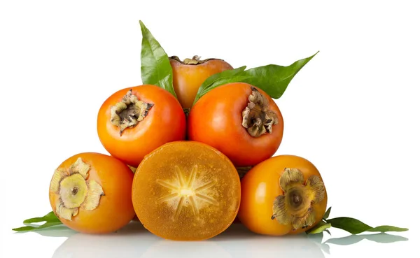 Frutos Caqui Con Sépalos Fruta Solo Corte Aislada Sobre Fondo —  Fotos de Stock