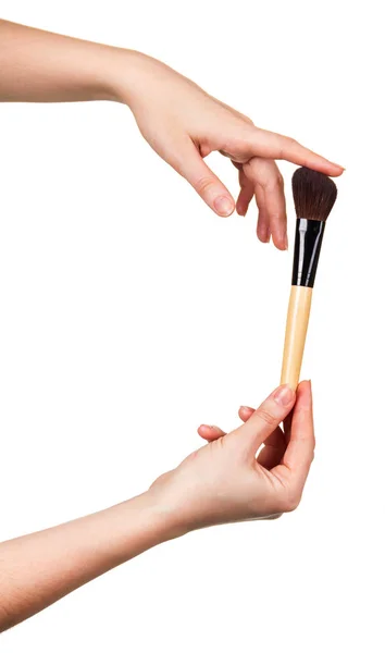 Wide Cosmetic Brush Applying Makeup Foundation Woman Hands Isolated White — Stock Photo, Image