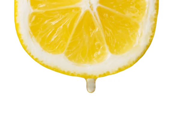 Tvärsnitt Citron Med Droppe Juice Isolerad Vit Bakgrund Närbild — Stockfoto