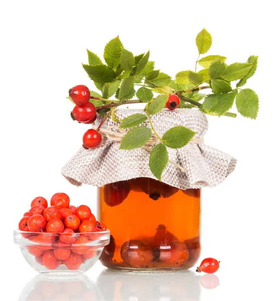 Drink Fruit Rosehip Jar Rowan Berries Bowl Isolated White Background — Stock Photo, Image