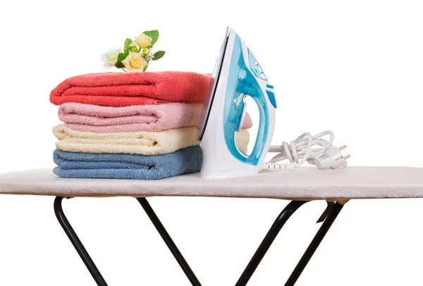 Electric Iron Stack Clean Towels Ironing Board Isolated White Background — Stock Photo, Image