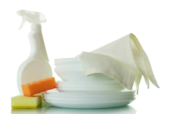 Stack Clean Plates White Napkin Detergent Sponge Isolated White Background — Stock Photo, Image