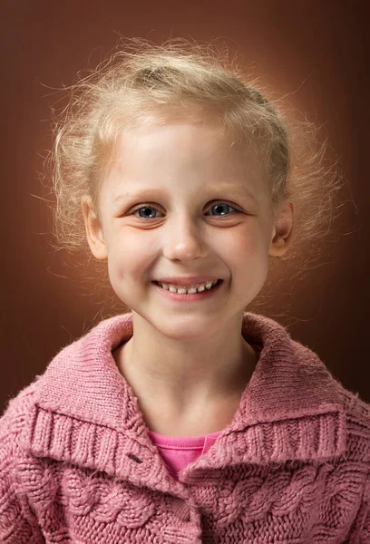 Radiant Smile Little Blond Girl Dark Background — Stock Photo, Image