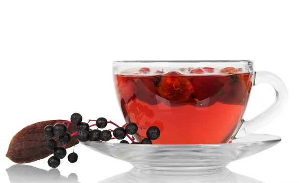 Beker Van Decoction Van Rozenbottels Takje Zwarte Chokeberry Schotel Geïsoleerd — Stockfoto