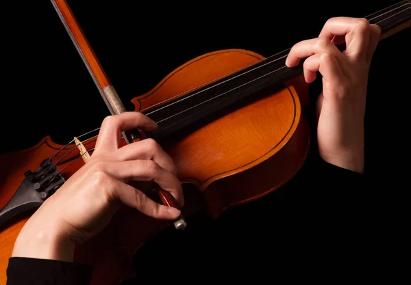 Violon Archet Entre Les Mains Violoniste Isolé Sur Fond Noir — Photo