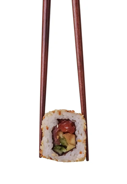 Sushi Roll Chopsticks Isolated White Background — Stock Photo, Image