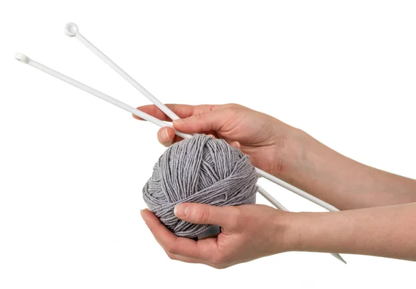 Ball Soft Gray Yarn Knitting Needles Woman Hands Isolated White — Stock Photo, Image