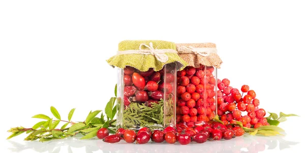 Jar Rowan Berries Jar Dry Rosehip Fruit Isolated White Background — Stock Photo, Image