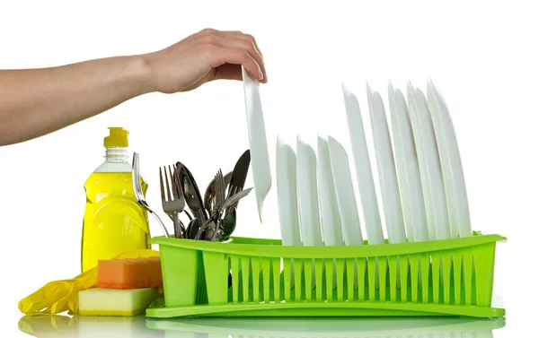 Plates Cutlery Drying Rack Detergent Gloves Sponge Isolated White Background — Stock Photo, Image