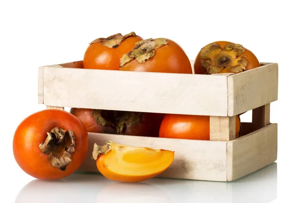 Volledige Doos Van Rijpe Oranje Persimmons Buurt Van Stuk Fruit — Stockfoto