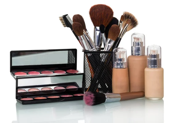 Set Decorative Cosmetics Makeup Brushes Stand Isolated White Background — Stock Photo, Image