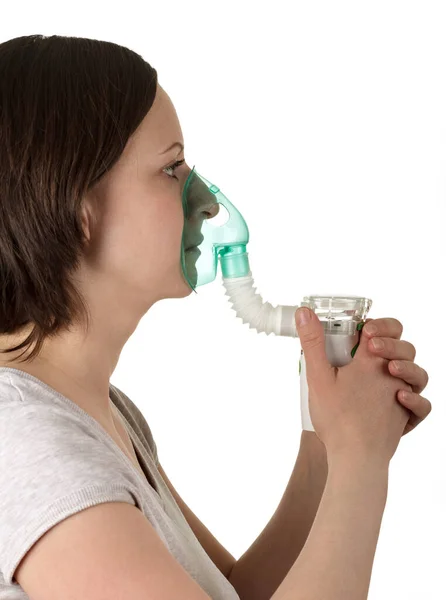 Vernevelaar Voor Inhalatie Vrouwenhanden Geïsoleerd Witte Achtergrond — Stockfoto