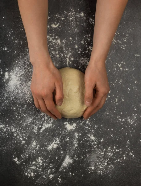 Women Hands Kneaded Lump Dough Gray Surface — Stock Photo, Image