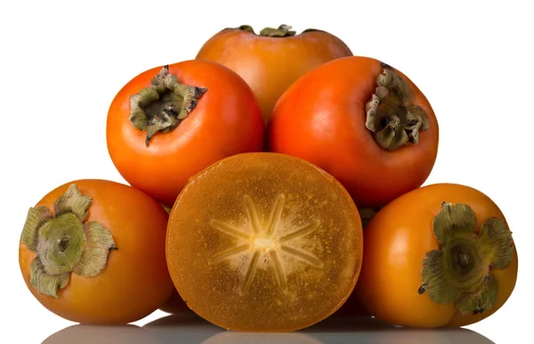 Rijp Persimmon Vruchten Snijd Stuk Close Geïsoleerd Witte Achtergrond — Stockfoto