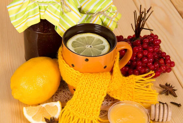 Jars Jam Viburnum Berries Tea Lemon Honey Wooden Table — Stock Photo, Image