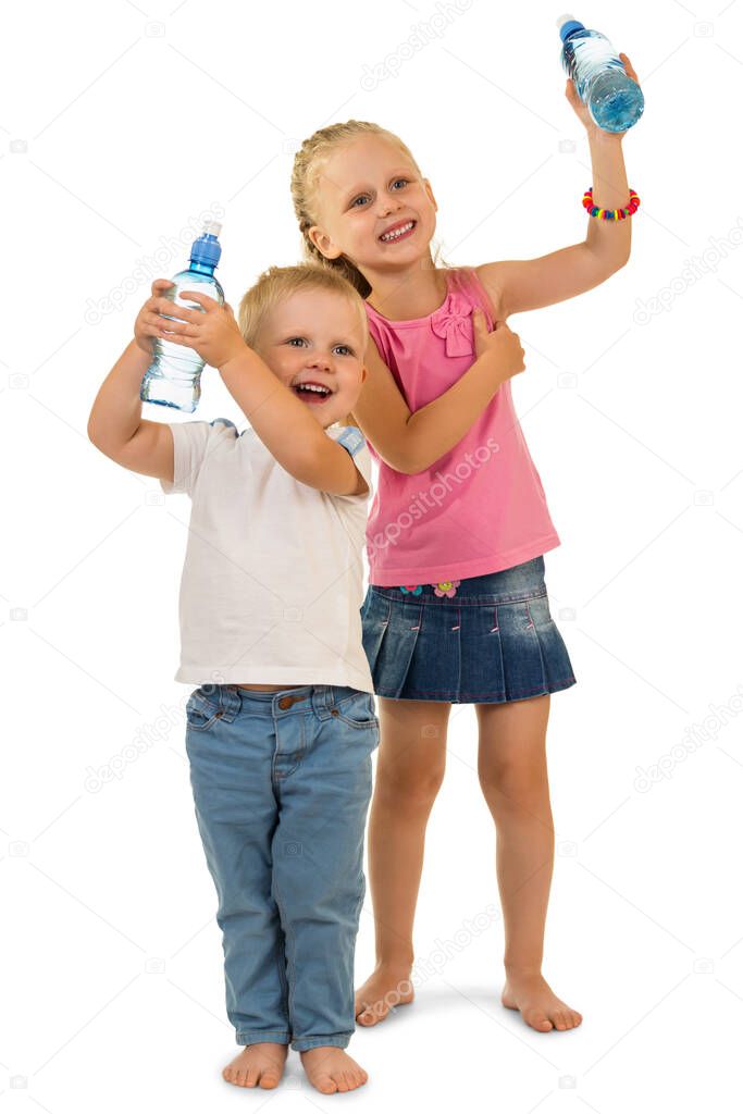Fun playful kids holding bottle with water isolated on white background